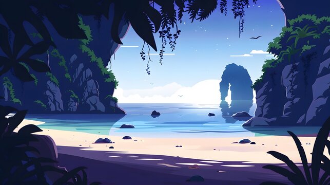 A serene tropical beach framed by lush foliage, with a dramatic rock formation in the distance. The calm turquoise water invites relaxation.