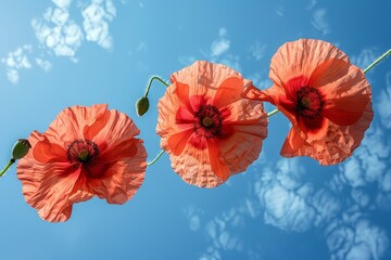 Close-up of 3 red poppies floating in the clear blue sky, seen from below, petals in natural light, high-resolution, no shadows