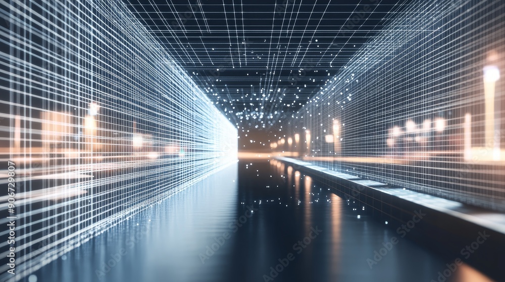 Poster abstract digital grid tunnel with glowing lines and light reflections on water.