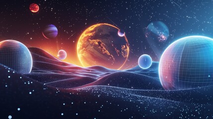 A vibrant, alien landscape with a fiery red sun and multiple glowing planets in the night sky.