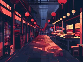 A vibrant, bustling night market in a city, lit by red lanterns, showcasing a variety of shops and goods.