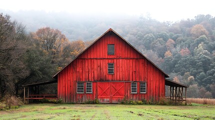 A red wooden barn stands against a backdrop of an autumn forest with misty hills, ideal for use in agricultural, rustic, or rural lifestyle content,
