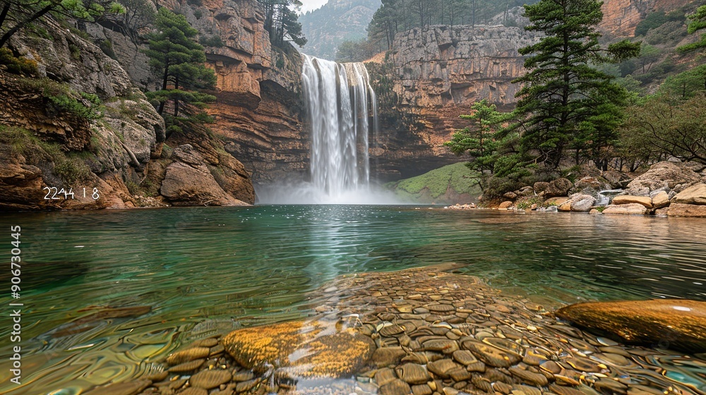 Poster Mesmerizing photograph of a serene waterfall cascading into a clear pool, contrasted with a smoky haze from nearby wildfires, highlighting environmental changes and their impact. high resolution