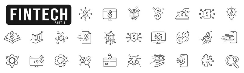 Set of fintech related line icons. Cloud, money, dollar, computer, finance, wallet etc. Editable stroke. Part 3