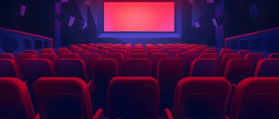Fototapeta premium Empty movie theater seats with a blank screen.