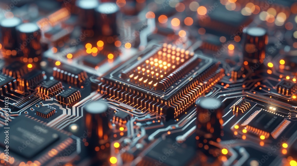 Poster close-up of a circuit board with glowing components, highlighting the intricate design and technolog