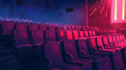 Empty theater seats bathed in pink and blue neon light.  A cinematic and futuristic scene.