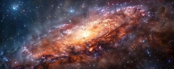 Obraz premium Render a mesmerizing starburst in a dense galaxy nebula, top view, visualizing interstellar energy, advanced tone, Tetradic color scheme, copy space for text,