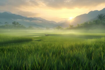 Obraz premium Landscape of the lush rice fields with mountains view at sunrise. Generative AI