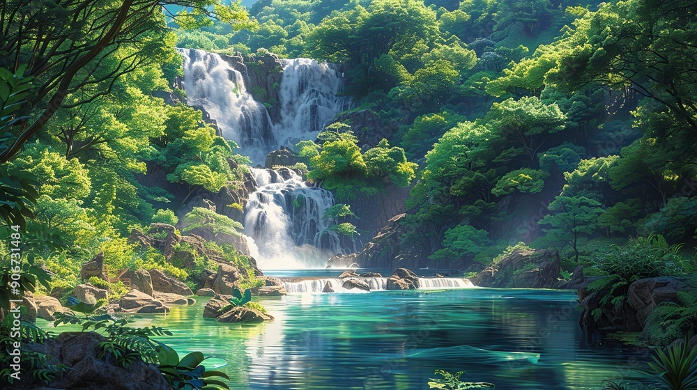 Sticker Captivating photo of a waterfall flowing into a tranquil river, surrounded by lush greenery, emphasizing the delicate balance of nature amidst changing environmental conditions. high resolution