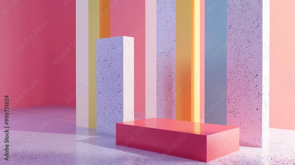 Poster abstract colorful geometric shapes with a pink platform in the center. ideal for product display or 