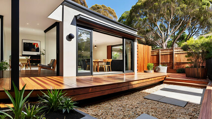 Fototapeta premium Modern home extension renovation in melbourne with the addition of a deck patio and courtyard, melbourne modern home extension renovation