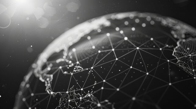 Abstract black and white image of a globe with connected lines and dots, representing global network or connection.