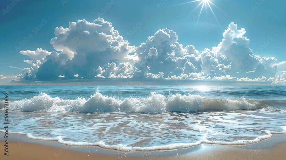 Wall mural Dynamic image of a sunny beach with ocean waves contrasted against dark storm clouds on the horizon, illustrating the effects of climate change on coastal and marine environments. high resolution