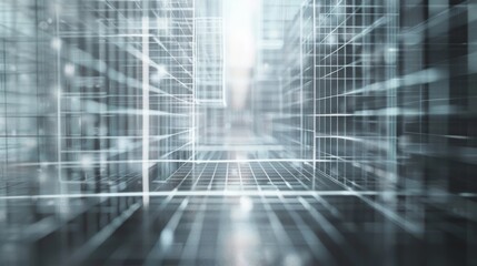 Abstract digital grid with glowing lines converging into a bright light at the end of a tunnel.