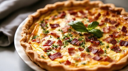 Savory quiche Lorraine with bacon and cheese, beautifully plated.