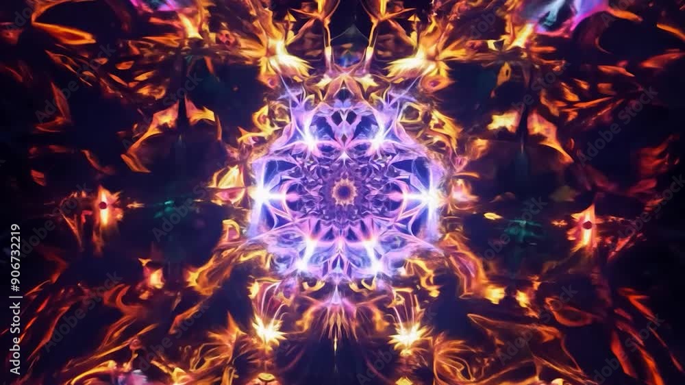 Poster intricate fractal patterns glowing with vibrant, fiery hues, morphing in a mesmerizing kaleidoscopic