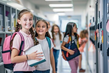 School girls in the corridor of the school laughing and rushing to class with backpacks and books