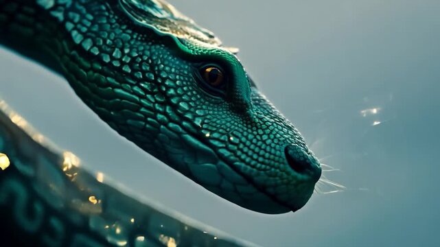 Detailed footage of a vibrant green snake exhaling gently, with glistening scales in soft light. Ideal for nature, wildlife, and reptile projects