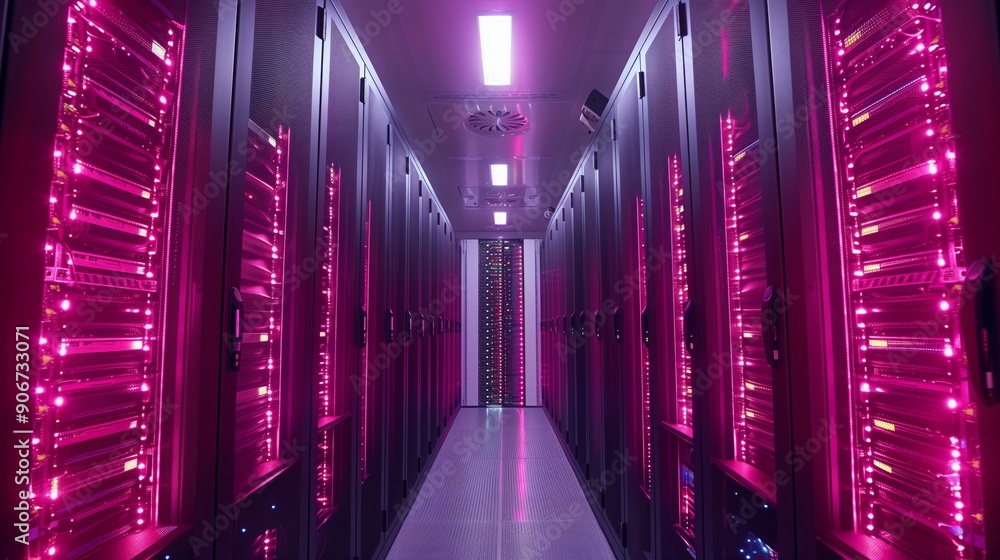 Poster a modern data center hallway showcases rows of servers glowing with pink lights, creating an energet