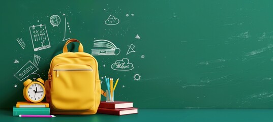 Yellow school backpack with books and pencils on the background of a green school blackboard with space for your text