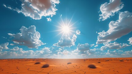 Beautiful photograph of a desert landscape under a blazing sun with shifting clouds, capturing the harsh realities and evolving conditions of arid environments due to climate change. high resolution
