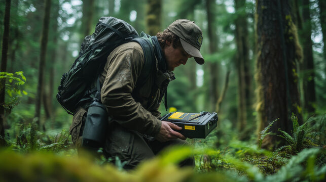 Field researcher in dense forest, wearing outdoor gear, carrying backpack, using handheld device, studying environment, lush green vegetation, woodland exploration, focused on work