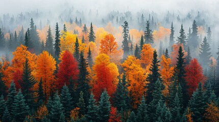Obraz premium Captivating image of a forest in autumn with vibrant colors and a backdrop of smoky haze, highlighting the impact of climate change on seasonal changes and air quality. high resolution Illustration,