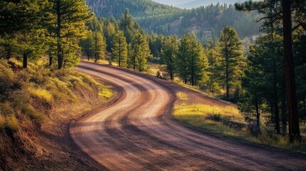 Naklejka premium Serene Journey: Dirt Road Winding Through Rugged Pine Forest