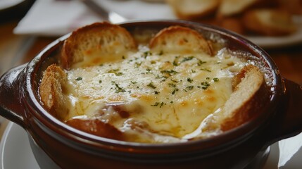 Traditional French onion soup with melted cheese and toasted bread.