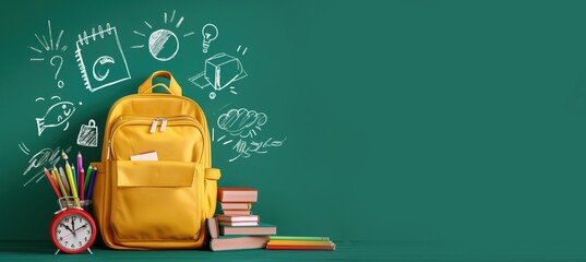 Yellow school backpack with books and pencils on the background of a green school blackboard with space for your text