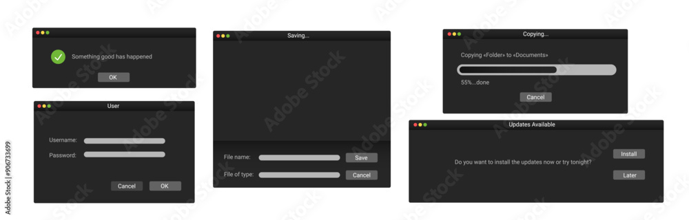 Poster set of digital system windows in black style. modern computer messages in dark colors.