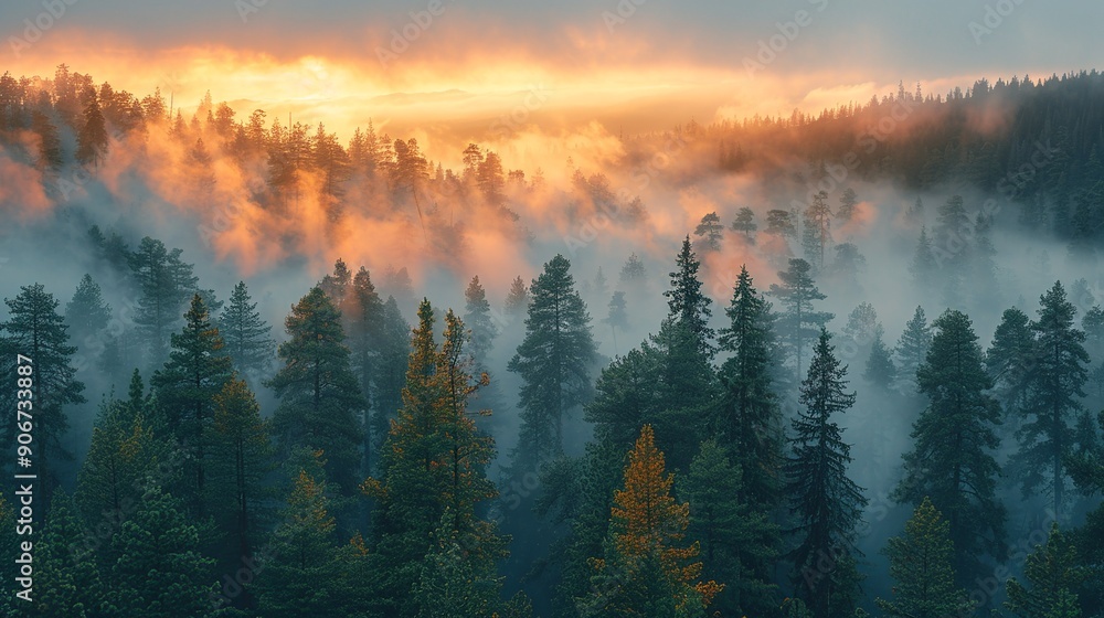 Poster Captivating photograph of a forest at dawn with fog and distant smoke from wildfires, showcasing the delicate balance of nature amidst increasing climate challenges. high resolution Illustration, in