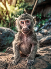 Portrait of cute baby crested monkey in its natural habitat.