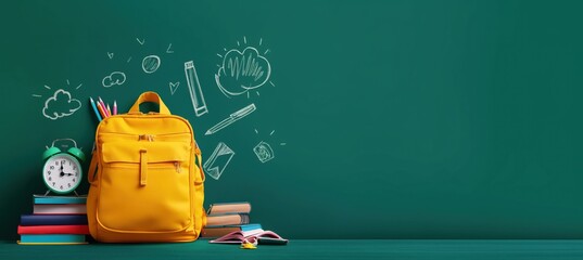 Yellow school backpack with books and pencils on the background of a green school blackboard with space for your text