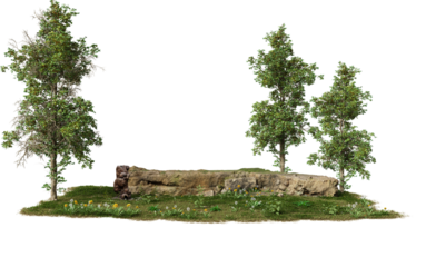 Model forest scene with trees and a log on green grass.