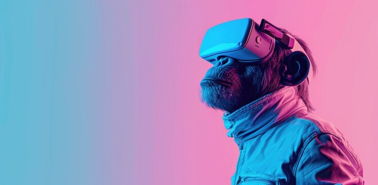 Virtual reality concept technology background of an ape with VR glasses on the right and space for copytext on the  left. Background is in soft pastel colors of pink and blue gradient.