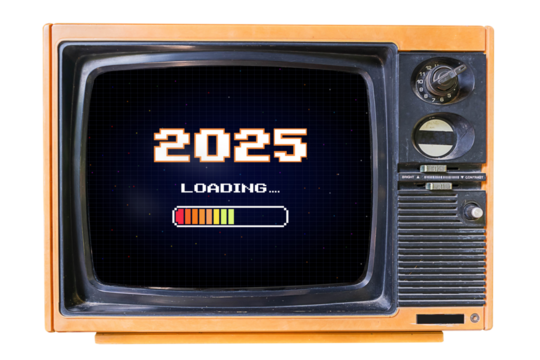 LOADING 2025 .pixel art .8 bit. retro game. for game assets in vector illustrations. old TV background. glowing neon grid and star from vintage arcade computer games