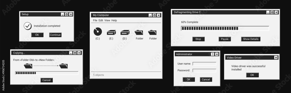 Aufkleber set of digital message in black style. old dark computer windows. retro explorer on screen.