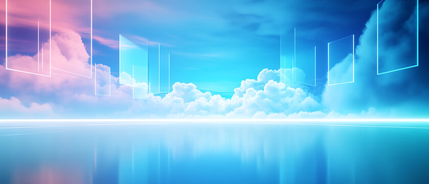 Illustration of a virtual desktop infrastructure VDI in a 3D cloud environment, with user desktops as floating screens