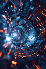 A bright blue and orange circular object with flashing lights