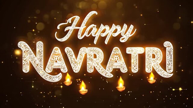 Glowing diya lamps and vibrant particles surround a sparkling happy navratri text. Ideal for festive celebrations and cultural promotions