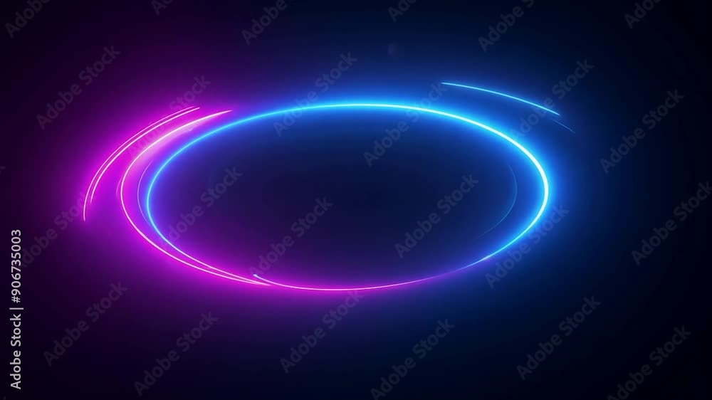 Poster vibrant neon light trails in blue and pink create a dynamic circular pattern against a dark backgrou
