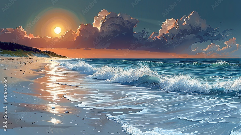 Wall mural Captivating scene of a beach with gentle waves and a bright sun, contrasted with dark storm clouds on the horizon, highlighting the effects of climate change on coastal ecosystems. high resolution