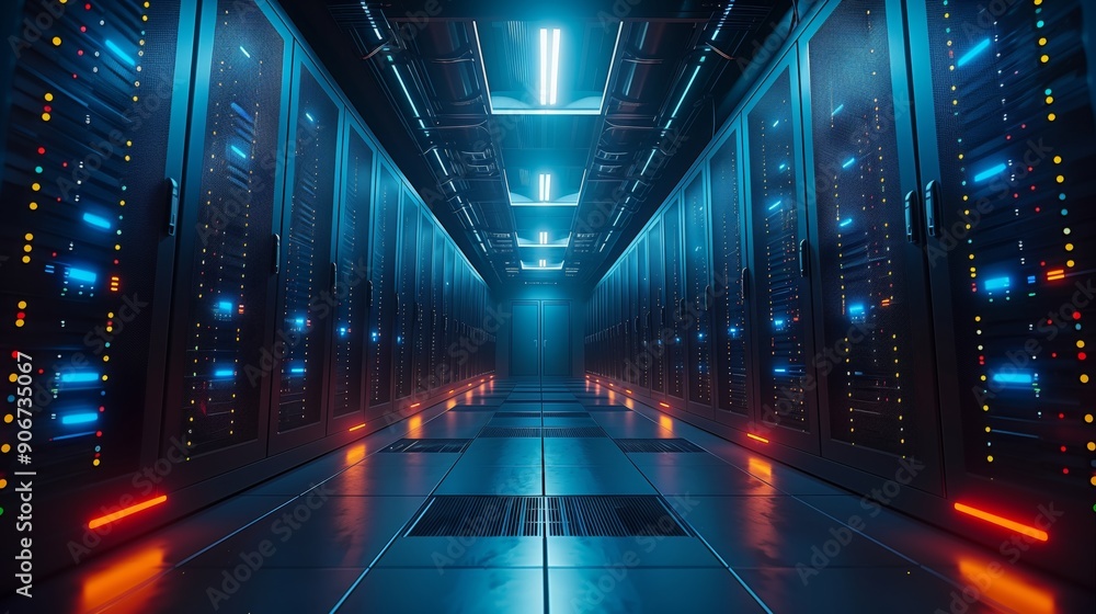 Poster a high-tech data center with rows of servers, illuminated by vibrant blue and orange lights, creatin