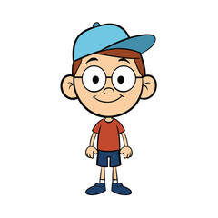 Smiling kid boy with cap and glasses cartoon vector illustration on white background.