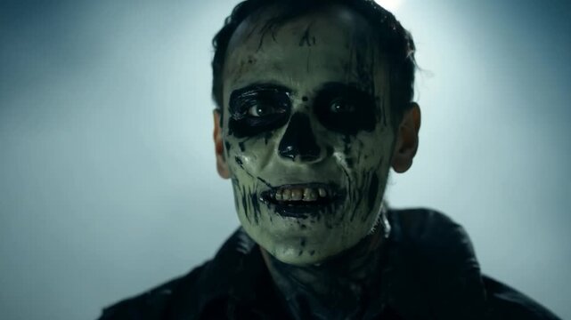 Man in realistic skull makeup smiling and changing facial expressions in dramatic lighting. Perfect for halloween, horror projects, and makeup demos