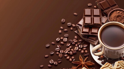 watercolor illustration, vintage postcard, International Chocolate Day, cup of coffee, chocolate bar, coffee beans, dark background, copy space free space for text