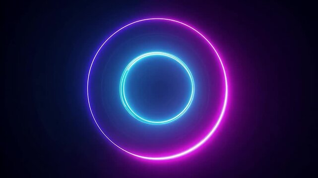 Vibrant neon circles pulsate and rotate in a futuristic digital display, creating a mesmerizing visual effect with vibrant blue and pink colors. Perfect for tech and digital-themed projects