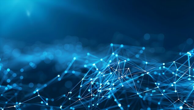 Abstract background with a blue digital technology, big data and network connection concept on a dark blue background, with a low poly geometric pattern of lines, dots or mesh surface structures in th